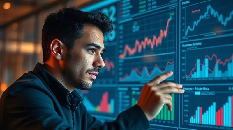 A photorealistic image of a freelancer analyzing various data points on a digital dashboard, with charts and graphs showing business growth and stability metrics. The freelancer has a thoughtful, analytical expression, surrounded by a subtle aura of strategic planning. Cinematic lighting, sharp focus on the data visualization, depth of field blurring the background, 8K hyper-detailed, shot on a high-end DSLR.