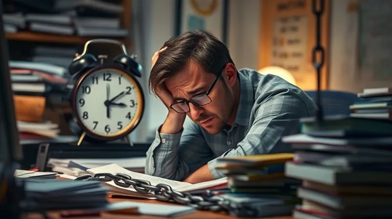 A photorealistic image of a freelancer looking exhausted at a desk piled with work, a clock prominently displayed, with cinematic lighting and sharp focus. The scene should evoke stress and being overwhelmed, with a subtle hint of a breaking chain in the background representing the desire for freedom. Professional photography, 8K, depth of field.