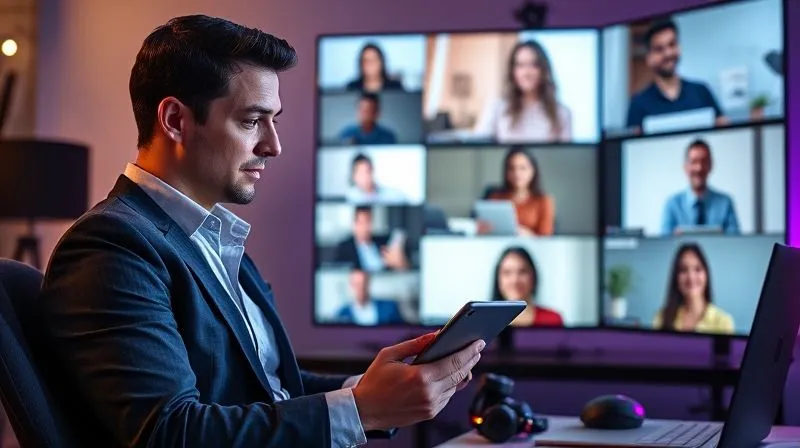 A photorealistic image of a professional freelancer confidently delegating tasks to a diverse remote team visible on multiple screens, showing collaboration and efficiency. The freelancer is at the center, calm and focused, with a tablet in hand, while team members are shown as clear, distinct faces on virtual calls. Cinematic lighting, sharp focus, vibrant colors.