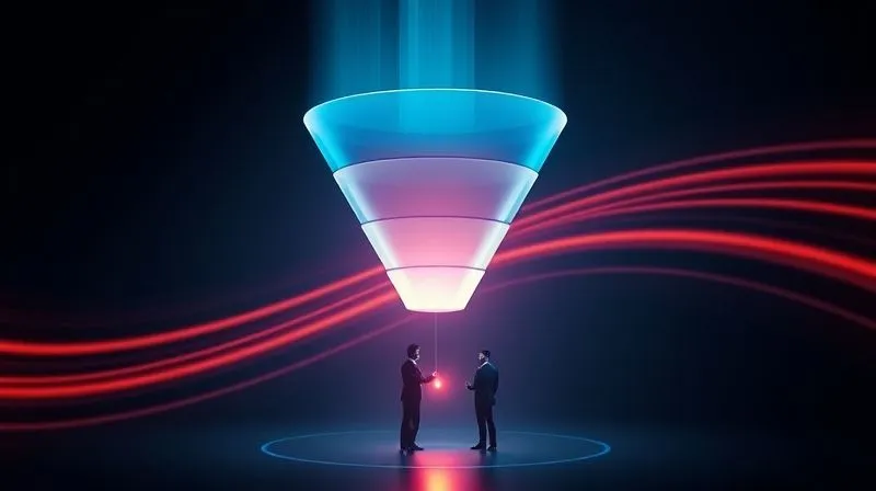 A photorealistic conceptual image of a streamlined sales funnel, with light flowing smoothly from top to bottom, representing efficient client acquisition and retention. The funnel is divided into clear stages, with a strong focus on the bottom, where loyal clients are depicted as generating continuous value. Cinematic lighting, sharp focus, vibrant colors, subtle digital elements.