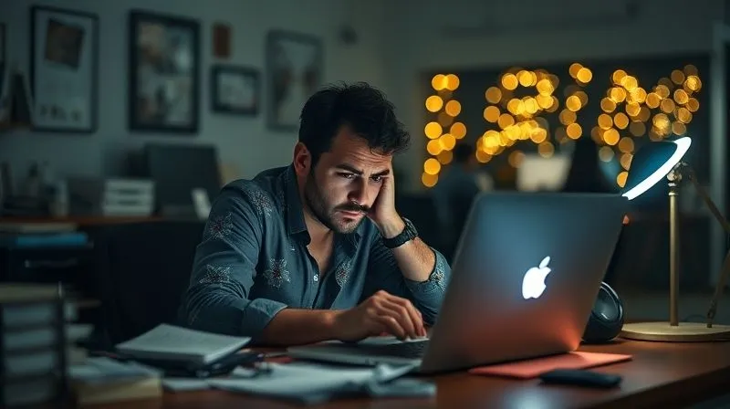 A photorealistic image of a lone freelancer looking overwhelmed and exhausted at a desk piled with work, laptop glowing late at night, with a subtle, hopeful glow of a distant, organized, and collaborative team in the background. Cinematic lighting, sharp focus on the freelancer's tired expression, depth of field blurring the background, 8K hyper-detailed, professional photography, shot on a high-end DSLR.