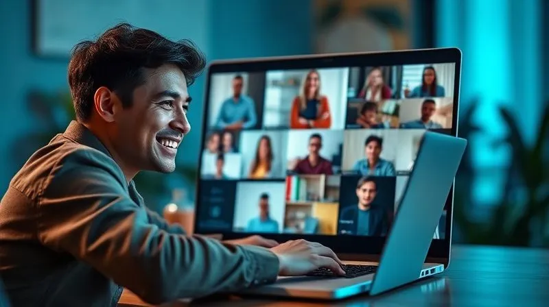 A photorealistic image of a smiling freelancer leading a virtual team meeting on a laptop screen, diverse team members visible in video calls, all looking engaged and collaborative. Cinematic lighting, sharp focus on the freelancer, depth of field blurring the background, 8K hyper-detailed, professional photography, shot on a high-end DSLR.