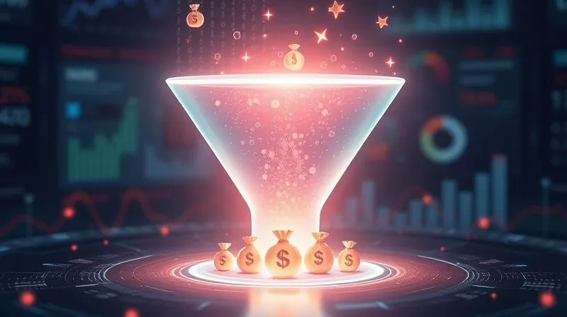 A photorealistic image of a digital sales funnel glowing with light, with small client icons entering the wide top and larger money bag icons emerging from the narrow bottom. The funnel is sleek, modern, and surrounded by subtle data visualizations. Cinematic lighting, sharp focus on the funnel, depth of field blurring the background, 8K hyper-detailed, professional photography, shot on a high-end DSLR.