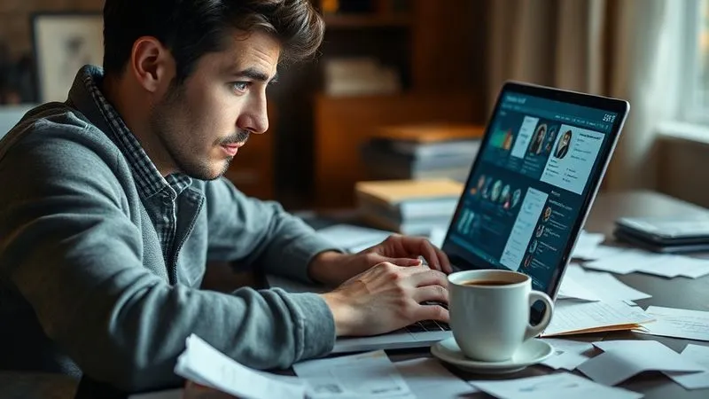 A photorealistic image of a person intensely researching on a laptop, surrounded by scattered notes and a coffee cup, with a focused expression. The screen shows analytics data and social media profiles. Cinematic lighting, sharp focus on the person's face and screen, depth of field blurring the background. 8K hyper-detailed, shot on a high-end DSLR.