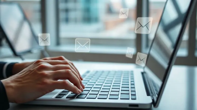 A photorealistic image of a person's hands typing on a laptop keyboard, with various communication app icons (LinkedIn, Email, Chat) subtly overlaid on the screen. The background is a modern, clean desk with a blurred window view. Cinematic lighting, sharp focus on the hands and screen, depth of field. 8K hyper-detailed, shot on a high-end DSLR.