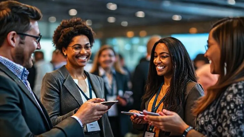 A photorealistic image of diverse professionals, smiling and engaged, networking at a conference or virtual event. They are exchanging business cards or looking at screens with connection icons, symbolizing building a strong professional network. Cinematic lighting, sharp focus on the interactions, depth of field blurring the background. 8K hyper-detailed, professional photography, shot on a high-end DSLR.