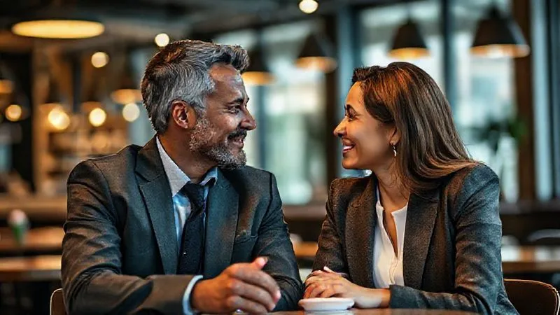 A photorealistic image of two business professionals, a diverse man and woman, engaged in an earnest, empathetic conversation in a modern cafe setting. They are making eye contact, with slight smiles, suggesting understanding and connection. Cinematic lighting, sharp focus on their faces, depth of field blurring the background. 8K hyper-detailed, shot on a high-end DSLR.