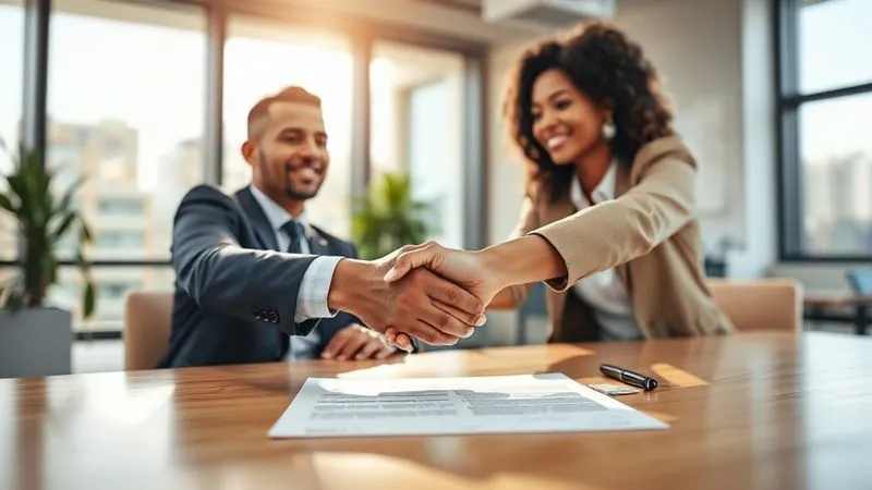 A photorealistic image of two diverse professionals, a man and a woman, shaking hands firmly across a desk with a signed contract visible. The setting is a modern, sunlit office, conveying trust and professionalism. Cinematic lighting, sharp focus on the handshake and contract, depth of field blurring the background. 8K hyper-detailed, shot on a high-end DSLR.