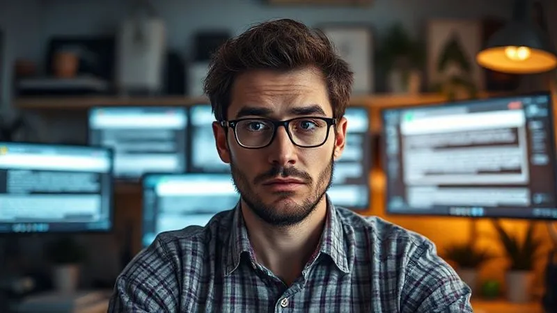 A photorealistic image of a freelancer, looking slightly overwhelmed, with several digital screens showing missed opportunities and generic messages. The scene is a modern home office with a subtle sense of chaos. Cinematic lighting, sharp focus on the freelancer's thoughtful expression, depth of field blurring the background. 8K hyper-detailed, shot on a high-end DSLR.