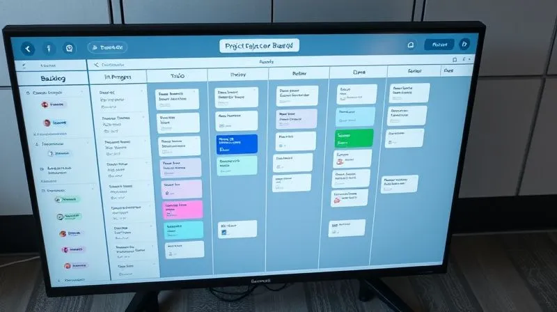 A photorealistic, top-down view of a neatly organized digital Kanban board on a large monitor, showing columns like "Backlog," "To Do," "In Progress," "Review," and "Done." Each column contains various project cards with distinct colors and labels. Cinematic lighting, sharp focus on the board layout, 8K hyper-detailed, professional photography, depth of field blurring the background, shot on a high-end DSLR.