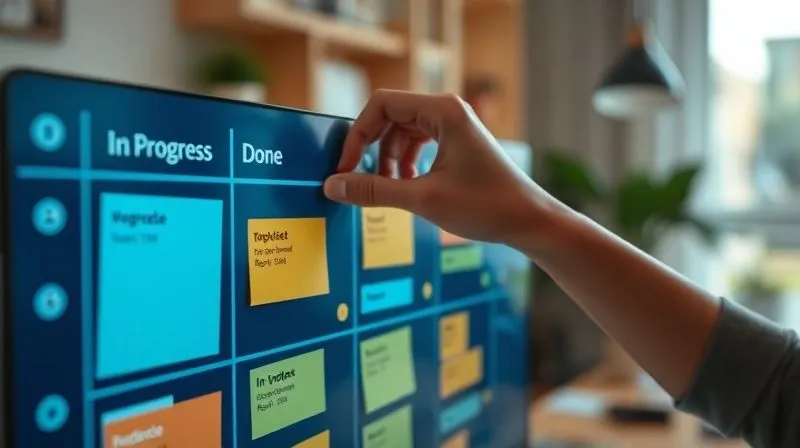 A photorealistic image of a freelancer's hand (diverse, professional) gently moving a colorful project card from the "In Progress" column to the "Done" column on a digital Kanban board. The background shows a clean, modern home office setup. Cinematic lighting, sharp focus on the hand and card, 8K hyper-detailed, professional photography, depth of field blurring the background, shot on a high-end DSLR.