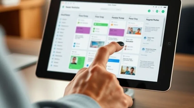 A photorealistic, close-up shot of a freelancer's hand interacting with a tablet displaying a Notion workspace with a Kanban board. The screen shows various project cards and columns, highlighting the flexibility of digital tools. Cinematic lighting, sharp focus on the tablet and hand, 8K hyper-detailed, professional photography, depth of field blurring the background, shot on a high-end DSLR.