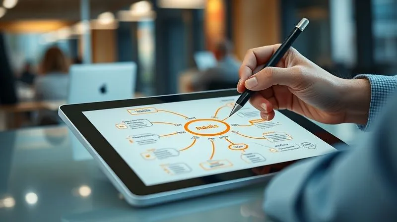 Photorealistic, professional photography, 8K, cinematic lighting, sharp focus, depth of field, shot on a high-end DSLR. A detailed, vibrant mind map or persona canvas displayed on a digital tablet, showing various demographic, psychographic, and behavioral traits of an 'ideal client'. Hands are carefully adding notes with a stylus, representing deep strategic thought. The background is a soft-focus, modern office environment, conveying precision and expertise.