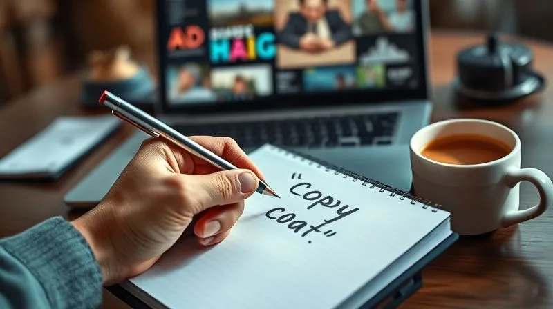 Photorealistic, professional photography, 8K, cinematic lighting, sharp focus, depth of field, shot on a high-end DSLR. A hand holding a pen, writing compelling ad copy on a notepad, surrounded by a laptop displaying various ad creatives and a cup of coffee. The focus is on the words being written, which are impactful and concise, hinting at a strong call to action. The scene evokes creativity and strategic communication.