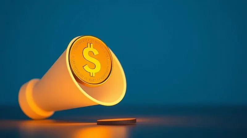 Photorealistic, professional photography, 8K, cinematic lighting, sharp focus, depth of field, shot on a high-end DSLR. A single, illuminated coin dropping precisely into a stylized, glowing funnel, representing smart budget allocation and efficient spending. The background is a soft, deep blue, conveying a sense of strategic flow and financial growth. The imagery emphasizes precision and value for money.
