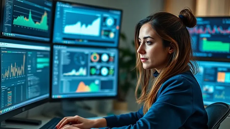 Photorealistic, professional photography, 8K, cinematic lighting, sharp focus, depth of field, shot on a high-end DSLR. A busy but calm freelancer, possibly a woman, efficiently managing multiple digital tasks across several screens. Data dashboards, email automation interfaces, and project management tools are visible. Her expression is focused and in control, reflecting a streamlined and automated workflow. The scene conveys productivity and scalability in a modern, home-office setting.