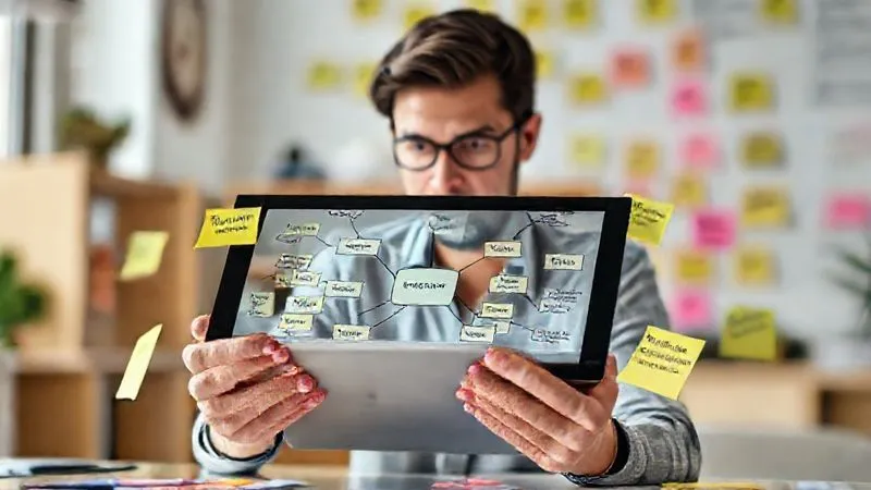 A photorealistic image of a freelancer looking thoughtfully at a mind map on a clear digital tablet, surrounded by sticky notes with professional goals and skills. The scene is bright and organized, with a focus on strategic planning and goal setting. Cinematic lighting, sharp focus on the tablet and freelancer's contemplative expression, depth of field blurring the background. 8K hyper-detailed, professional photography, shot on a high-end DSLR.