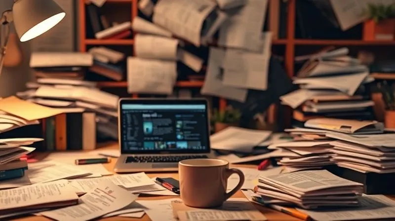 A photorealistic image depicting a freelancer's desk in disarray: scattered papers, multiple open browser tabs on a laptop, a overflowing coffee cup, and a confused expression on the freelancer's face. The lighting is harsh and chaotic, emphasizing stress and disorganization. 8K hyper-detailed, professional photography, depth of field.