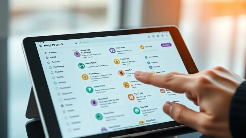 A photorealistic, sleek user interface of a project management app displayed on a tablet, with various tasks categorized and color-coded. A hand is tapping the screen, showing an organized and efficient workflow. Cinematic lighting, sharp focus, 8K hyper-detailed, professional photography.