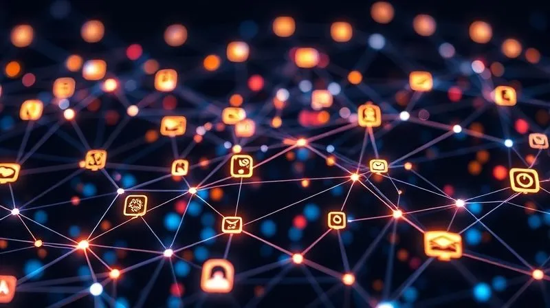 A photorealistic intricate digital network of glowing lines connecting various app icons (representing project management, communication, time tracking, CRM) on a sleek, futuristic interface. The network is organized and flowing, symbolizing seamless integration and efficiency. Cinematic lighting, 8K, sharp focus, professional photography.