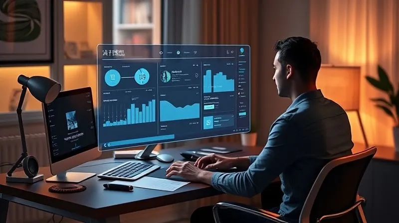 A photorealistic image of a futuristic home office desk with a freelancer interacting with a holographic AI assistant, which is displaying project timelines and task lists. The lighting is soft and ambient, with subtle glows from the technology, indicating innovation and ease. 8K hyper-detailed, professional photography.