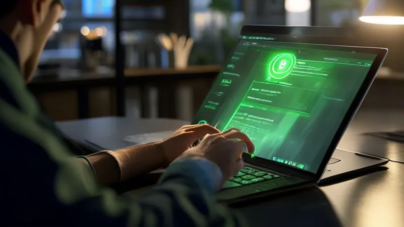A photorealistic image of a freelancer's hand using a laptop to 'clip' a web page into Evernote, with a glowing green Evernote icon over the browser tab. The screen shows a well-organized Evernote interface in the background, cinematic lighting, sharp focus on the hand and screen, depth of field blurring the surrounding office, 8K hyper-detailed.