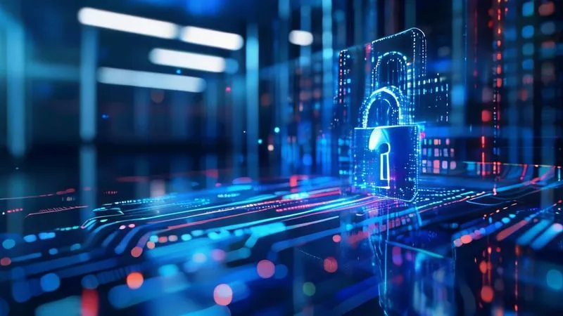 A photorealistic image of a glowing digital padlock icon superimposed over a stylized, flowing network of data, representing secure information. The background is a blurred, modern server room with cool blue lighting, conveying high-tech security and data protection. Sharp focus on the padlock, cinematic lighting, 8K hyper-detailed.