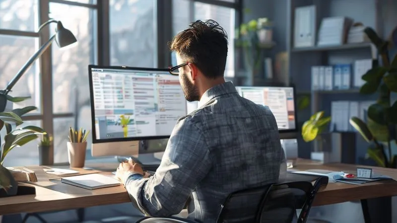 A photorealistic image of a focused freelancer reviewing their Evernote system on a large monitor, with a checklist on a digital tablet beside them. The screen shows an overview of organized notebooks and tasks. Soft, natural light fills a clean, modern office space, conveying a sense of methodical work and calm control. Cinematic lighting, sharp focus, depth of field, 8K hyper-detailed.