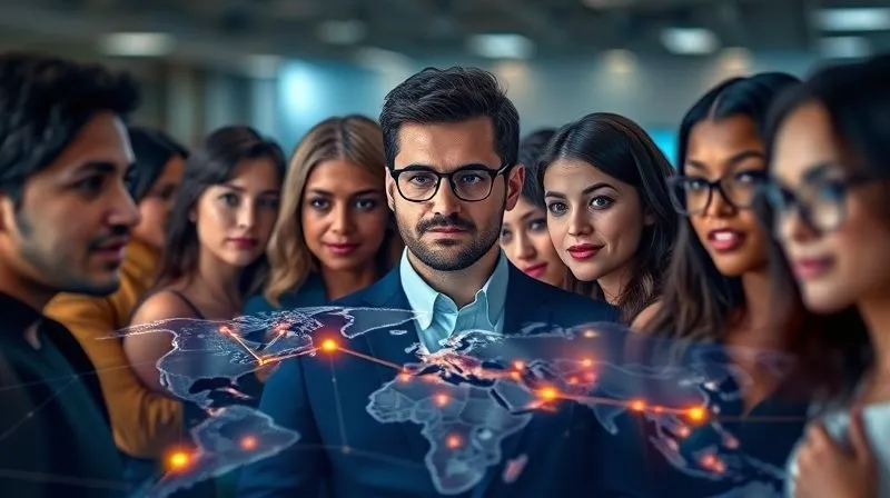 A photorealistic, professional photography, 8K, cinematic lighting, sharp focus, depth of field shot on a high-end DSLR of a diverse group of individuals representing different demographics and psychographics, visualized as transparent overlay personas hovering over a digital map of a customer journey, with glowing lines connecting their pain points to solutions. The mood is insightful and strategic.