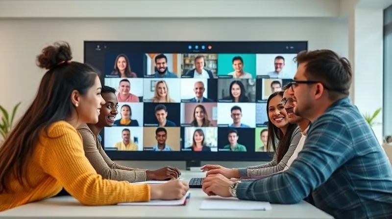 A photorealistic, professional photography, 8K, cinematic lighting, sharp focus, depth of field shot on a high-end DSLR of a diverse group of online students interacting happily in a vibrant virtual forum on a large screen, with a cheerful instructor facilitating. The scene conveys connection, learning, and community building, with subtle digital elements representing shared knowledge and networking. The mood is positive and collaborative.