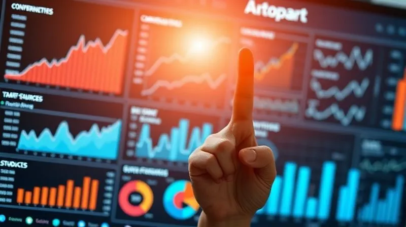 A photorealistic, professional photography, 8K, cinematic lighting, sharp focus, depth of field shot on a high-end DSLR of a digital dashboard displaying various analytical charts and graphs, with key performance indicators (KPIs) like conversion rates, traffic sources, and student engagement clearly visible. A hand is pointing to an upward trend, symbolizing data-driven decision making and continuous improvement. The mood is analytical and progressive.