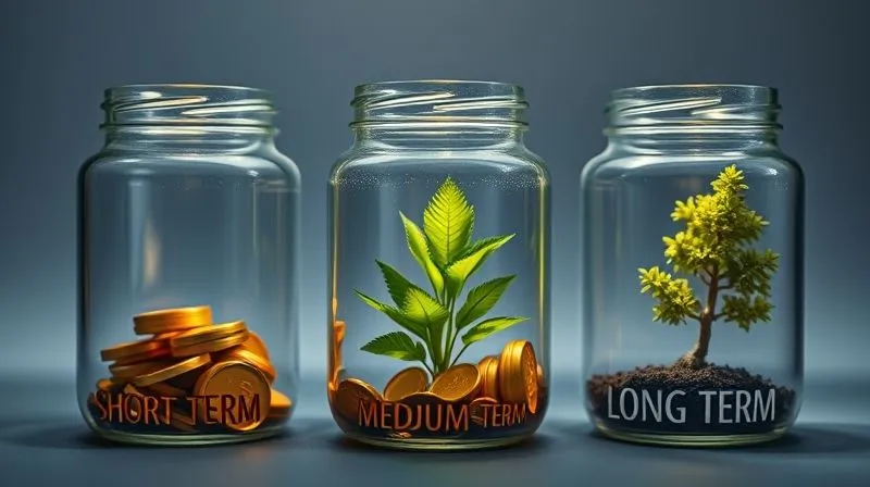 A photorealistic image of three distinct, transparent glass jars labeled 'Short Term', 'Medium Term', and 'Long Term'. Inside each jar, a different type of glowing currency (representing investment returns) is visible: quick-moving, liquid gold coins in 'Short Term' (Tesouro Selic); steadily growing, vibrant green plants in 'Medium Term' (Tesouro Prefixado); and deeply rooted, strong oak saplings in 'Long Term' (Tesouro IPCA+). Cinematic lighting highlights the transparency and glow, sharp focus on the jars, depth of field blurring a background of financial charts, 8K hyper-detailed, professional photography, shot on a high-end DSLR.