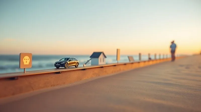 A photorealistic image of a detailed, visually appealing timeline stretching into the distance. Each segment of the timeline is clearly marked with a different financial goal: a small, glowing emergency fund icon for the short term, a car key and house silhouette for the medium term, and a serene beach scene with a retirement couple for the long term. Cinematic lighting, sharp focus on the various goal markers, depth of field blurring the distant horizon, 8K hyper-detailed, professional photography, shot on a high-end DSLR.