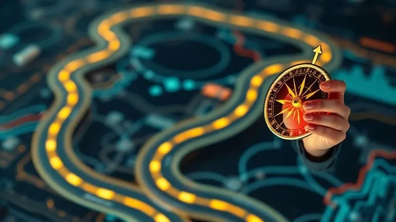 A photorealistic image of a freelancer, mid-30s, confidently navigating a winding, challenging financial path represented by a complex, glowing digital roadmap. Obstacles like "Volatility" and "Unforeseen Expenses" are visible but being bypassed or overcome. The freelancer holds a glowing compass pointing towards "Stability" and "Growth". Cinematic lighting, sharp focus on the determined expression and the roadmap, depth of field blurring a background of indistinct financial data, 8K hyper-detailed, professional photography, shot on a high-end DSLR.