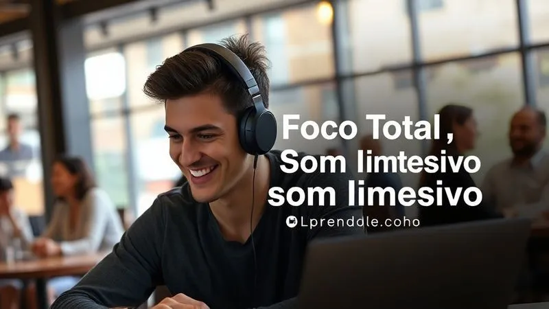 A photorealistic ad creative for an e-commerce product. The product is a sleek, modern, noise-canceling headphone. The ad text overlay (conceptually, not literally in the image) reads: "Foco Total, Som Imersivo. Últimas Unidades! Compre Agora e Receba em 24h!". The image shows a person smiling, wearing the headphones, working productively in a bustling cafe, with a sense of calm and focus around them. Cinematic lighting, sharp focus on the headphones and user, blurred background, 8K hyper-detailed.