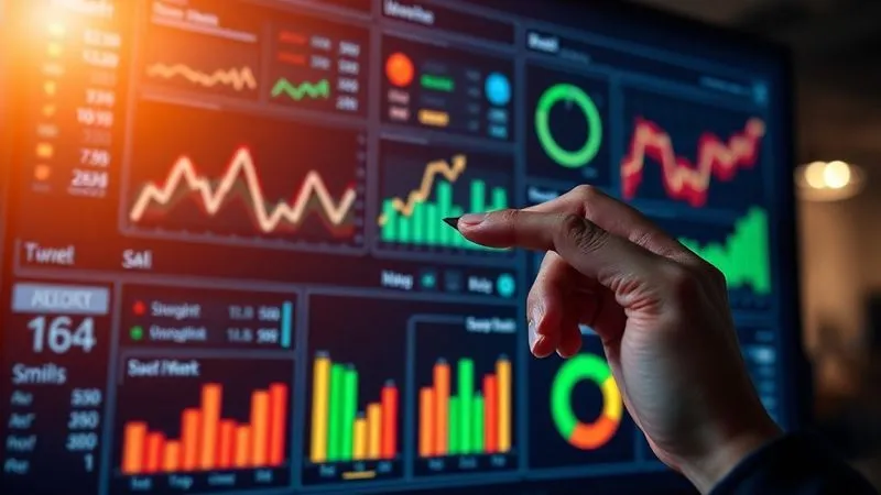 A photorealistic, professional photography, 8K, cinematic lighting, sharp focus, depth of field shot on a high-end DSLR of a detailed digital marketing dashboard with various charts and graphs, some turning red indicating underperformance, and others turning green indicating success. A hand with a cursor is poised to make a quick adjustment. The screen glows in a dimly lit, modern office environment, emphasizing data analysis and rapid decision-making.