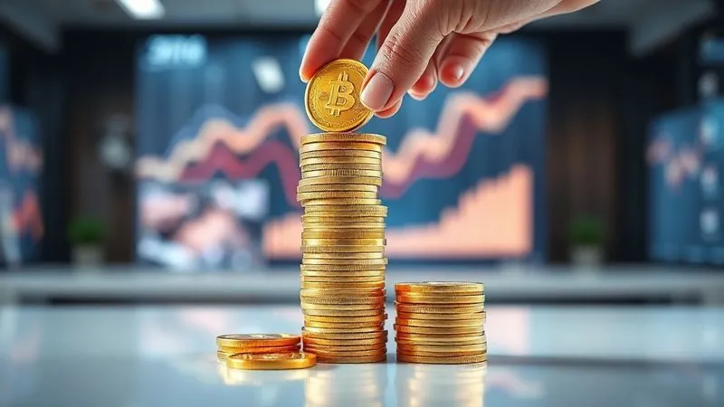 A photorealistic, professional photography, 8K, cinematic lighting, sharp focus, depth of field shot on a high-end DSLR of a towering stack of golden coins meticulously arranged on a clean, minimalist desk, with a hand carefully placing another coin on top, symbolizing exponential growth and scaling. The background shows a blurred, high-tech office environment with glowing screens displaying upward trends. The image conveys success, precision, and smart expansion.