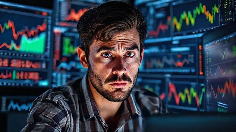 A photorealistic image of a freelancer looking overwhelmed by complex charts and graphs on multiple computer screens, surrounded by digital noise and a sense of financial drain. Cinematic lighting, sharp focus on the freelancer's frustrated expression, 8K hyper-detailed.