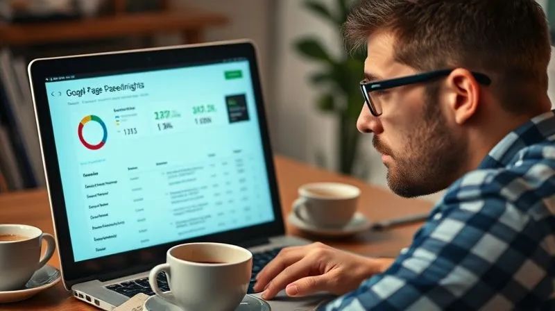 A photorealistic image of a freelance SEO specialist looking at a laptop screen displaying Google PageSpeed Insights report with various performance metrics. The screen shows green scores for good performance, with some yellow and red indicators for areas needing improvement. The specialist has a thoughtful expression, surrounded by coffee cups and notes. Cinematic lighting, sharp focus on the screen, depth of field blurring the background, 8K hyper-detailed, professional photography, shot on a high-end DSLR.