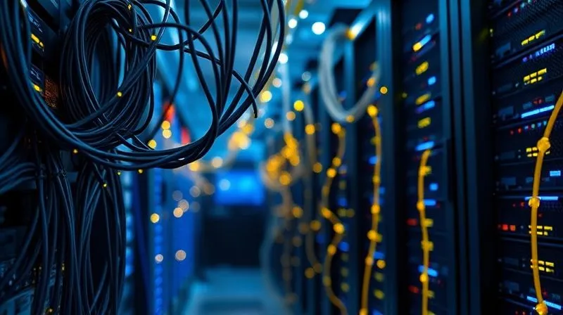 A photorealistic, professional photography shot on a high-end DSLR of glowing network cables and servers in a data center, symbolizing high-speed data transfer and robust infrastructure. Cinematic lighting emphasizes the intricate connections and the powerful, stable foundation. Sharp focus on the server racks, depth of field blurring the background, 8K hyper-detailed, conveying a sense of reliability and advanced technology.