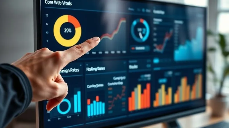 A photorealistic image of a digital dashboard displaying various real-time performance metrics and charts, including Core Web Vitals scores, conversion rates, and traffic data. A hand points to a positive trend line. The setting is a professional home office, with cinematic lighting highlighting the data. Sharp focus on the dashboard, depth of field blurring the background, 8K hyper-detailed, professional photography, shot on a high-end DSLR, conveying continuous monitoring and strategic decision-making.