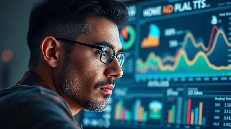 A photorealistic image of a freelancer looking intently at a complex digital dashboard displaying e-commerce analytics, with various data points and graphs, highlighting customer purchase patterns and potential cross-sell opportunities. The freelancer has a thoughtful, strategic expression, suggesting deep analysis. Cinematic lighting, sharp focus on the dashboard, depth of field blurring the background, 8K hyper-detailed, shot on a high-end DSLR.