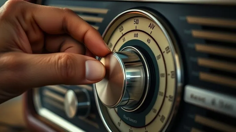 A photorealistic image of a freelancer's hand adjusting a knob on a vintage radio, with the radio dial showing various e-commerce metrics like AOV, conversion rate, and cross-sell engagement, all pointing towards optimal settings. The background is slightly blurred, suggesting a focus on fine-tuning and continuous improvement. Cinematic lighting, sharp focus on the hand and radio dial, depth of field blurring the background, 8K hyper-detailed, shot on a high-end DSLR.