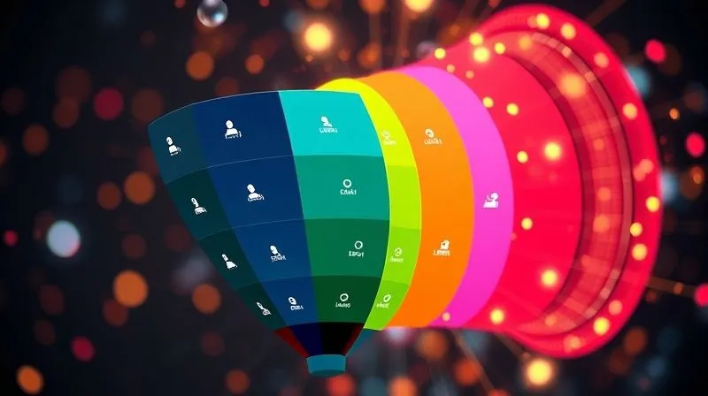 A photorealistic image of a complex sales funnel glowing with different colored segments, representing various lead stages (awareness, consideration, decision). Each segment has small icons symbolizing different lead sources or interests, with data flowing seamlessly between them, all rendered with cinematic lighting, sharp focus, and depth of field, 8K hyper-detailed.