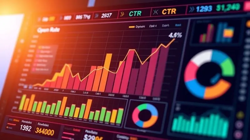 A photorealistic image of a vibrant, holographic dashboard displaying email marketing analytics. Key metrics like 'Open Rate,' 'CTR,' and 'Conversion Rate' are prominently featured as glowing bar graphs and pie charts, with clear upward trends. The interface is clean and modern, with cinematic lighting, sharp focus on the data, and depth of field, 8K hyper-detailed.