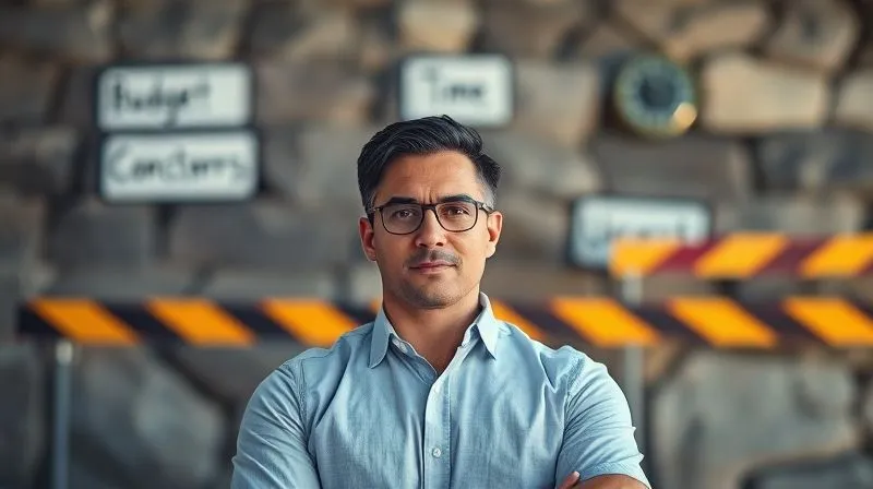 A photorealistic image of a determined freelance professional standing confidently in front of a metaphorical wall of challenges (represented by blurred, abstract obstacles like 'Budget Concerns,' 'Time Constraints,' 'Uncertainty'). The freelancer is ready to overcome them, with a focused expression and a subtle glow around them, symbolizing expertise and problem-solving. Cinematic lighting, sharp focus, depth of field, 8K hyper-detailed.