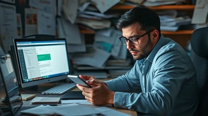 A photorealistic image of a freelancer's desk in disarray, with multiple browser tabs open, phone notifications flashing, and a stressed expression on their face. The scene is chaotic and overwhelming, with papers scattered and a sense of urgency. cinematic lighting, sharp focus, depth of field, 8K hyper-detailed, professional photography