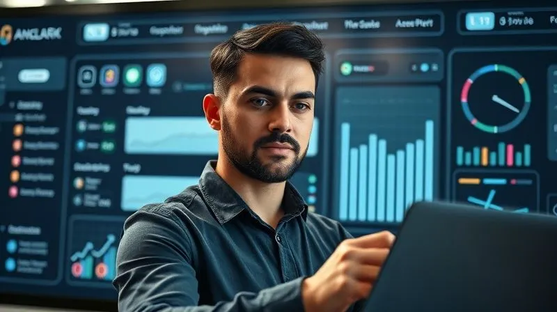 A photorealistic image of a freelancer interacting with a sleek, futuristic digital dashboard displaying various productivity tools like task management, calendar, and communication apps. The interface is clean and intuitive, suggesting effortless control and efficiency. The freelancer has a calm, confident expression. cinematic lighting, sharp focus, depth of field, 8K hyper-detailed, professional photography