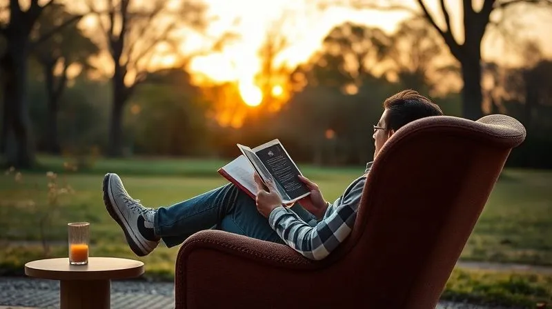 A photorealistic image of a freelancer enjoying a peaceful moment away from the computer, perhaps reading a book in a cozy armchair or taking a mindful walk in a park during sunset. The atmosphere is calm and rejuvenating, emphasizing the importance of disconnecting. cinematic lighting, sharp focus, depth of field, 8K hyper-detailed, professional photography