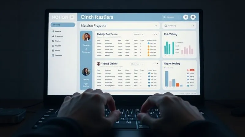 Photorealistic image of a minimalist Notion dashboard displaying a clean, organized overview of multiple projects and client statuses, with a focused freelancer's hands visible on a keyboard. Cinematic lighting, sharp focus on the screen, 8K, professional photography.